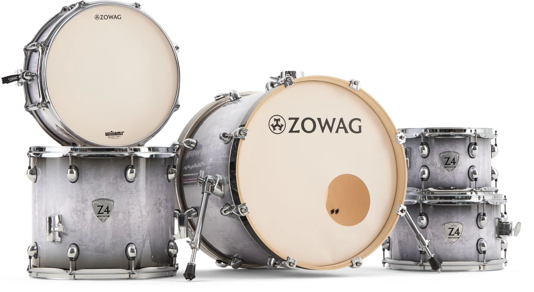Zowag Z4 Series birch drum shell pack in silver wrap finish