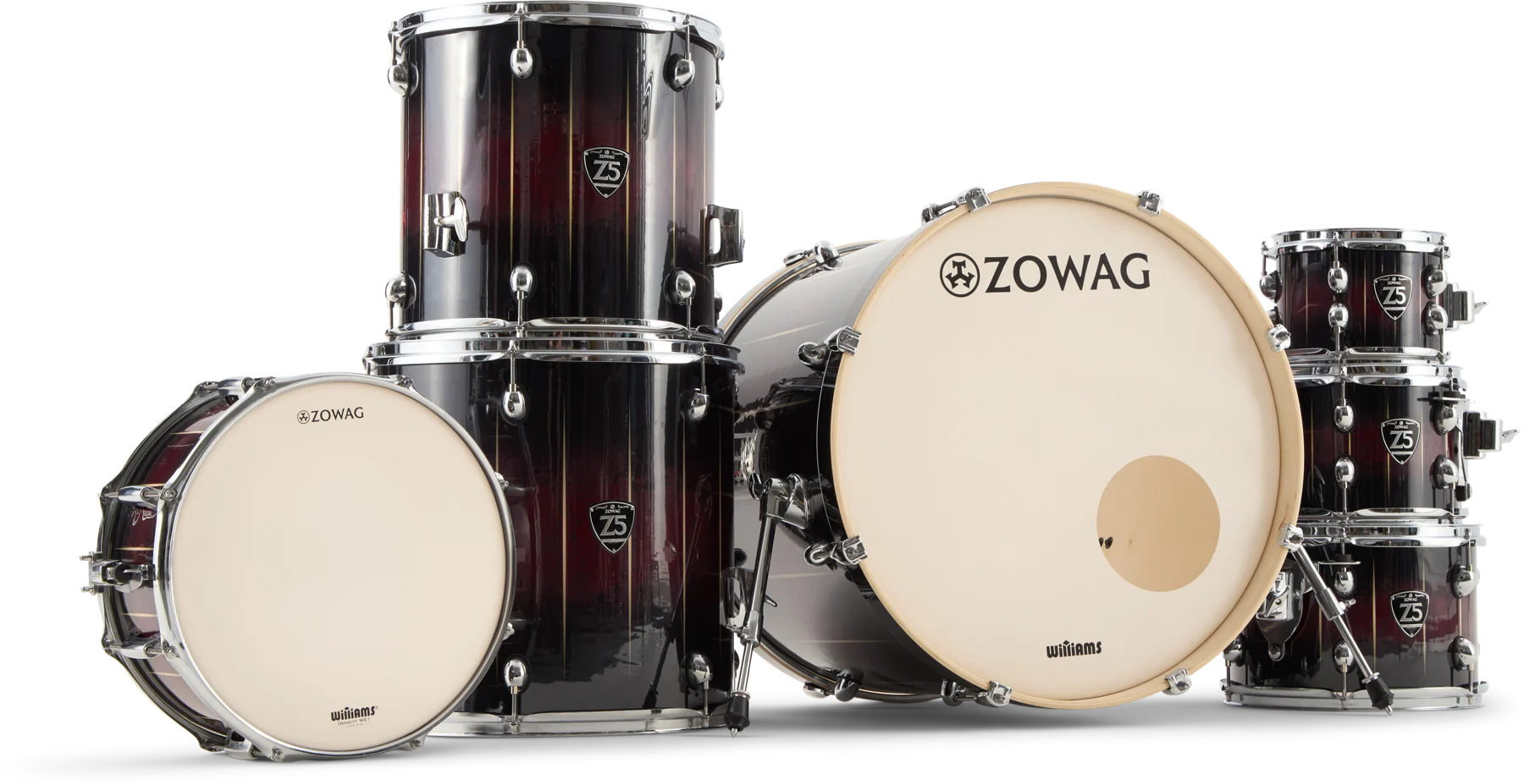 Zowag Z5 Series birch drum shell pack in dark red burst wrap finish